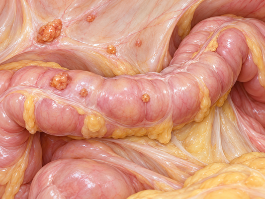 Visible tumour deposits — AI-generated educational illustration.