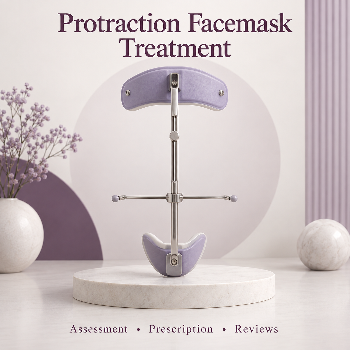 A protraction facemask is shown as an educational external appliance. Educational illustration.
