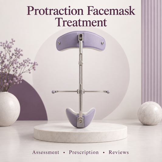 A protraction facemask is shown as an educational external appliance. Educational illustration.