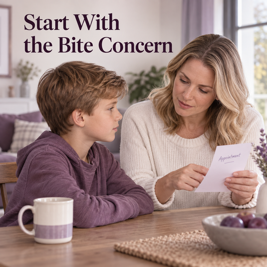 A family discusses a child’s bite concern. Educational illustration.