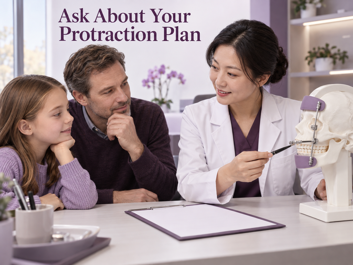 A Chinese orthodontist discusses a protraction course with a foreign family. Educational illustration.
