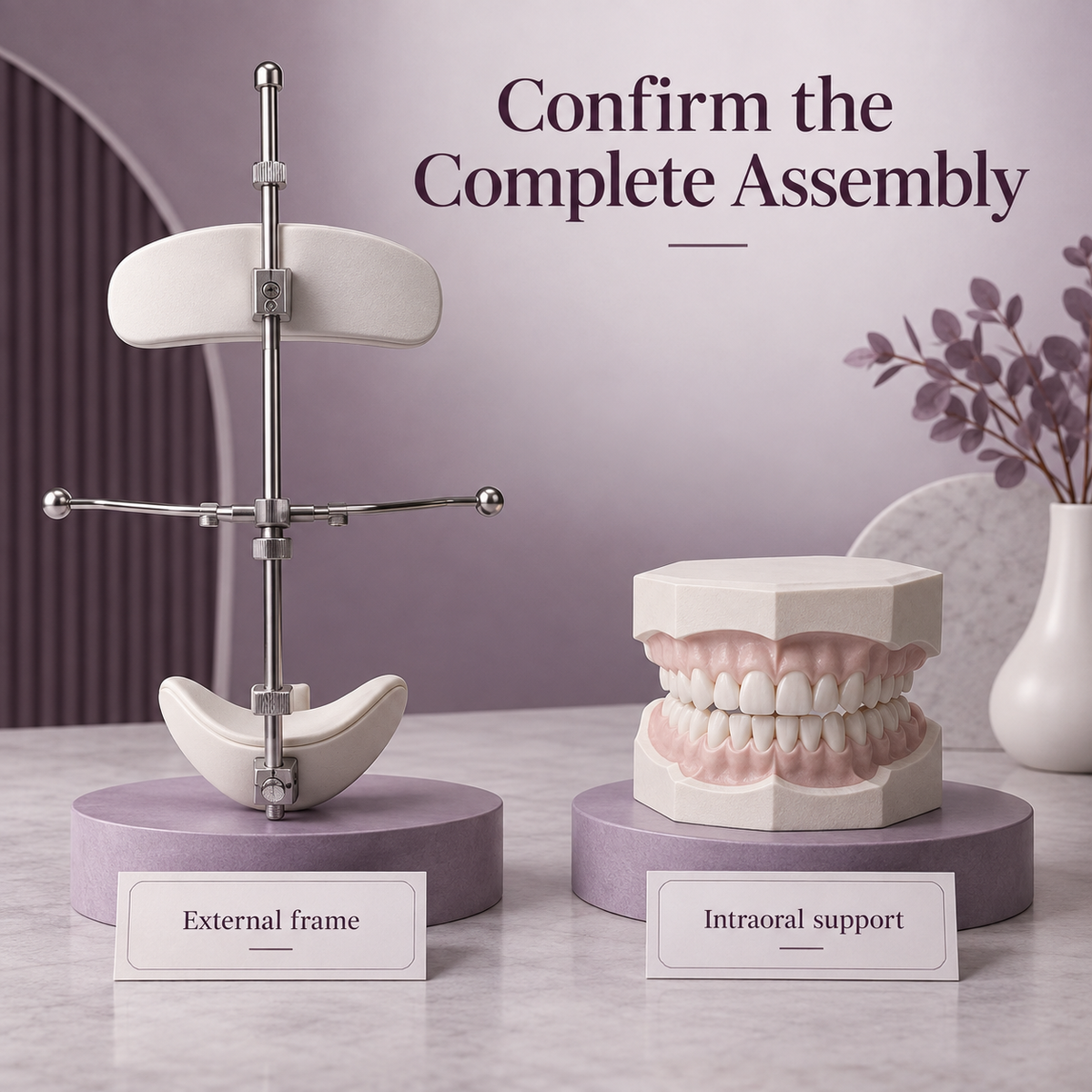 The external frame and intraoral support must be specified. Educational illustration.