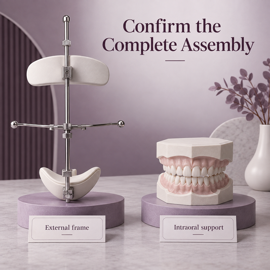 The external frame and intraoral support must be specified. Educational illustration.
