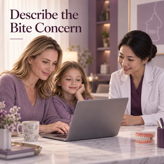 A parent writes an initial inquiry about the bite concern. Educational illustration.