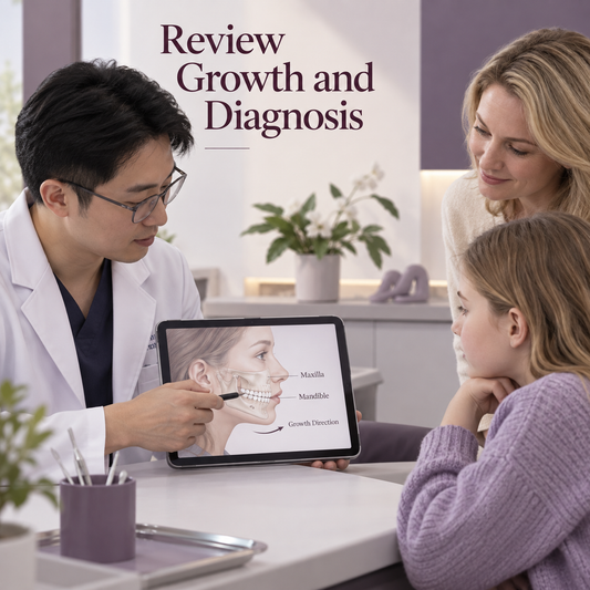 The orthodontist reviews growth and diagnosis. Educational illustration.