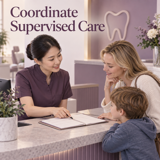 The family coordinates supervised review visits. Educational illustration.