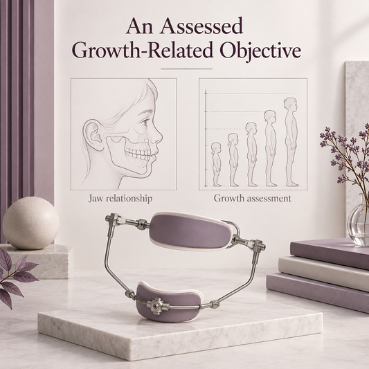 Growth and jaw relationship inform the clinical objective. Educational illustration.