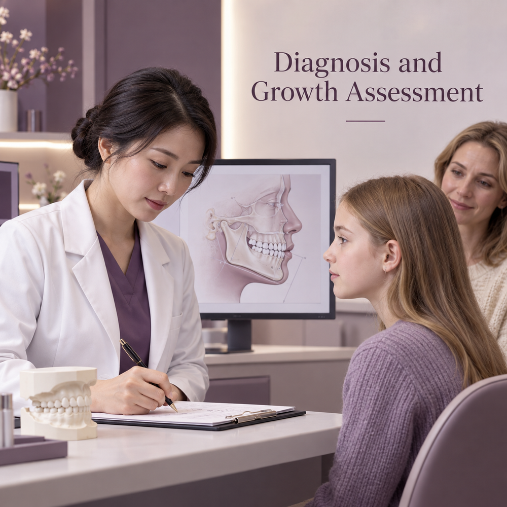 Diagnostic records support the growth assessment. Educational illustration.