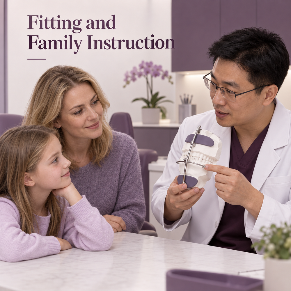 The orthodontist provides individual fitting and family instructions. Educational illustration.