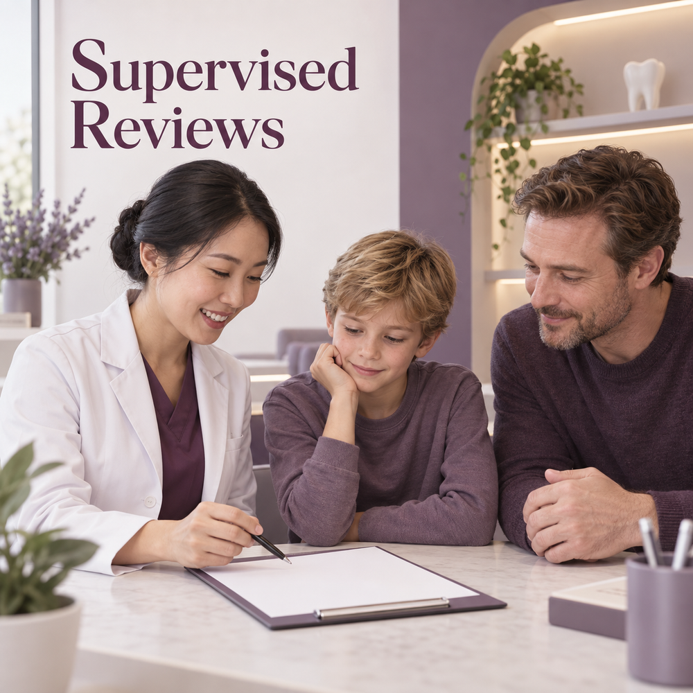 The clinician supervises the course at review visits. Educational illustration.