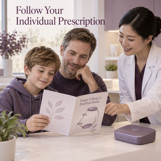 The family follows individual clinic instructions during use. Educational illustration.