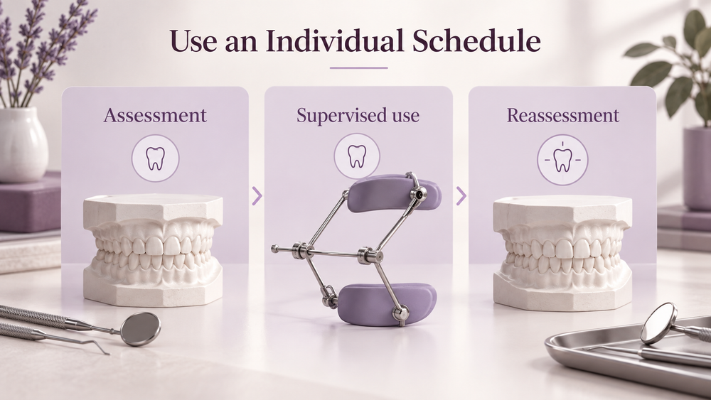 An individual schedule connects assessment, supervised use and reassessment. Educational illustration.