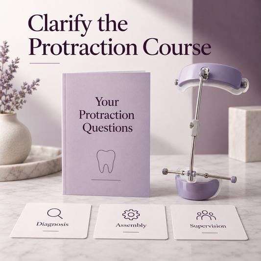 The consultation connects diagnosis, appliance assembly and supervision. Educational illustration.