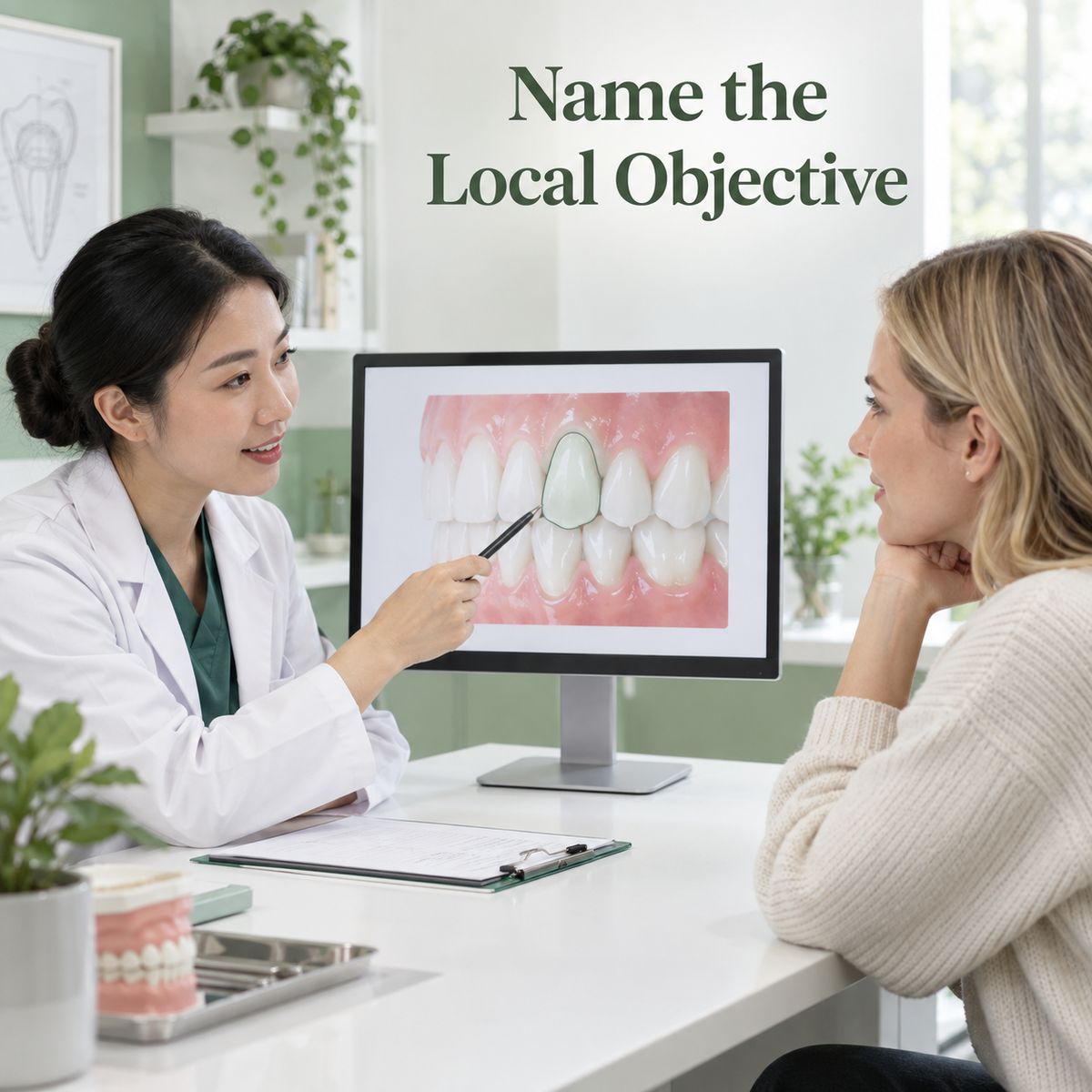 Patient discusses a local tooth-position concern. Educational illustration.