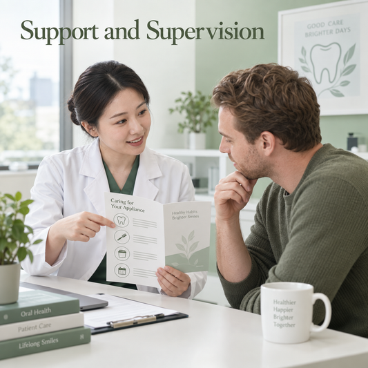 The clinic explains device-specific care and support. Educational illustration.