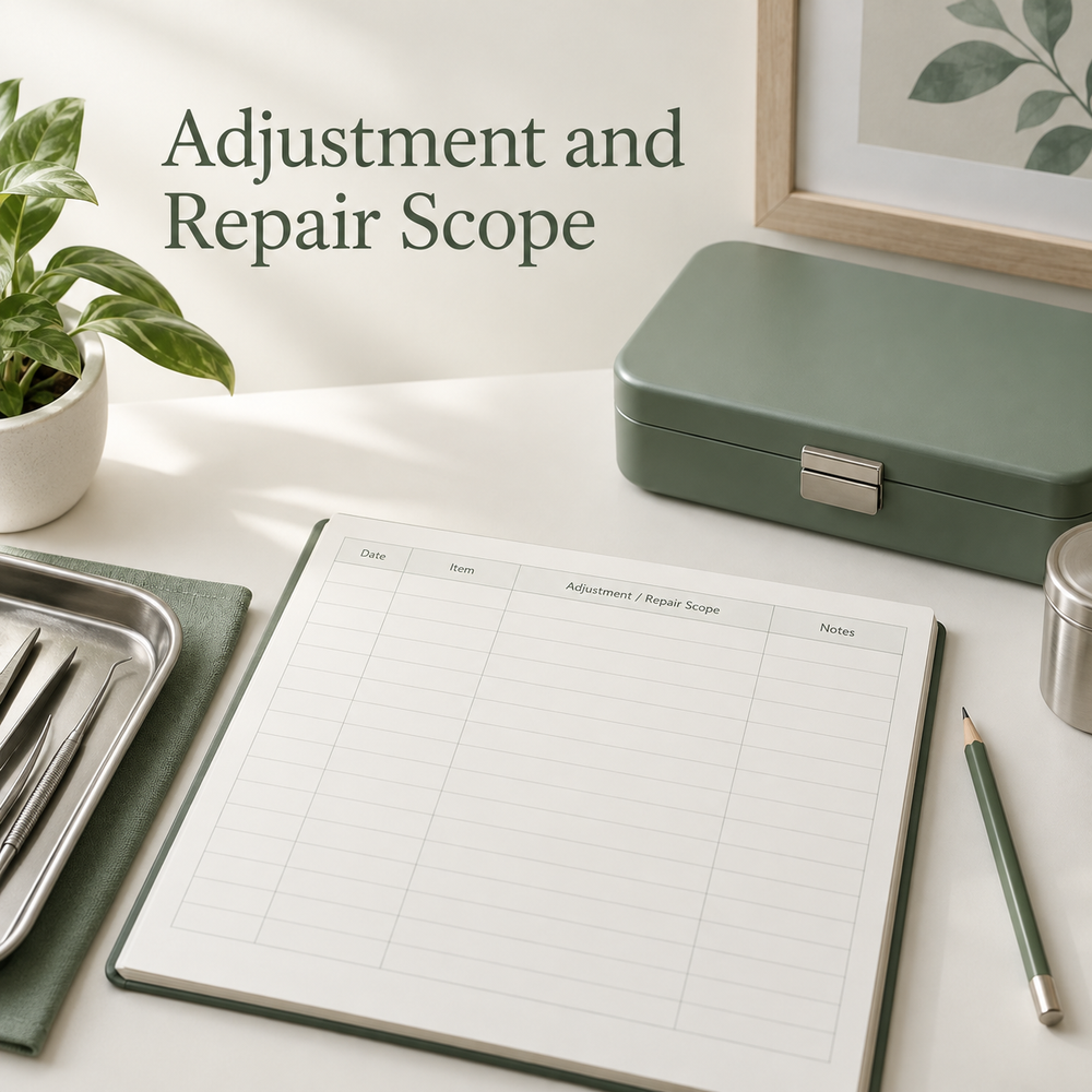 Adjustments and repairs have a written scope. Educational illustration.