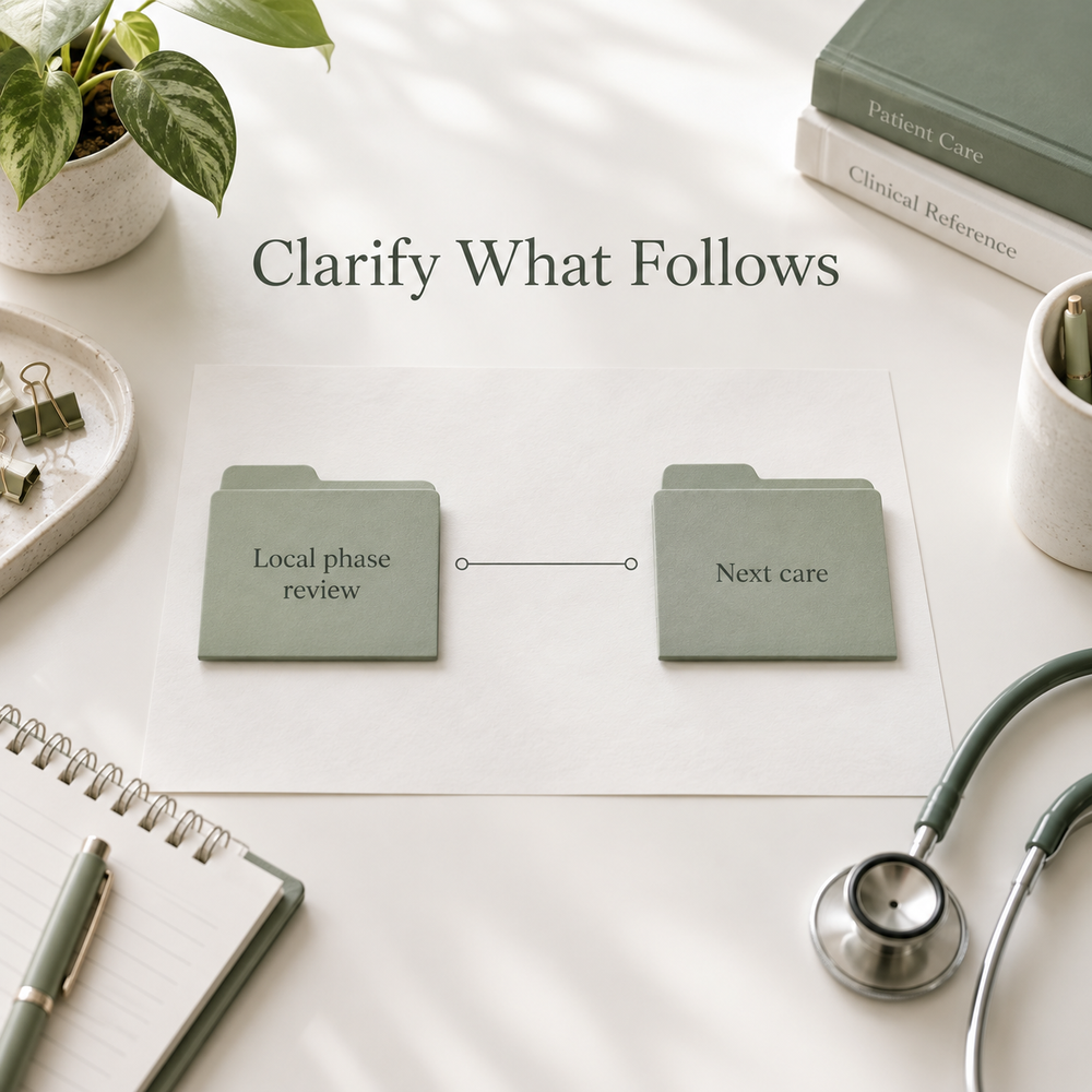 The local phase connects to subsequent care. Educational illustration.