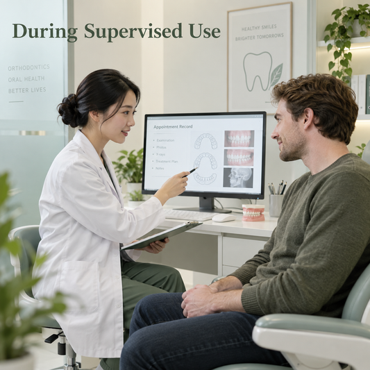 The clinic supervises the phase of use. Educational illustration.