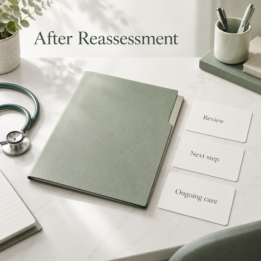 Reassessment guides the next decision. Educational illustration.