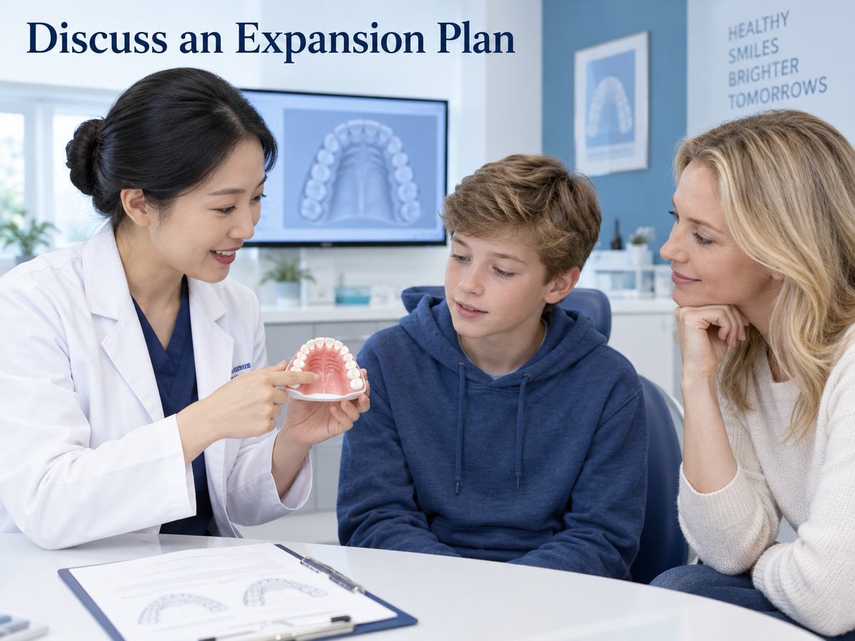An orthodontist discusses expansion assessment with a family. Educational illustration.