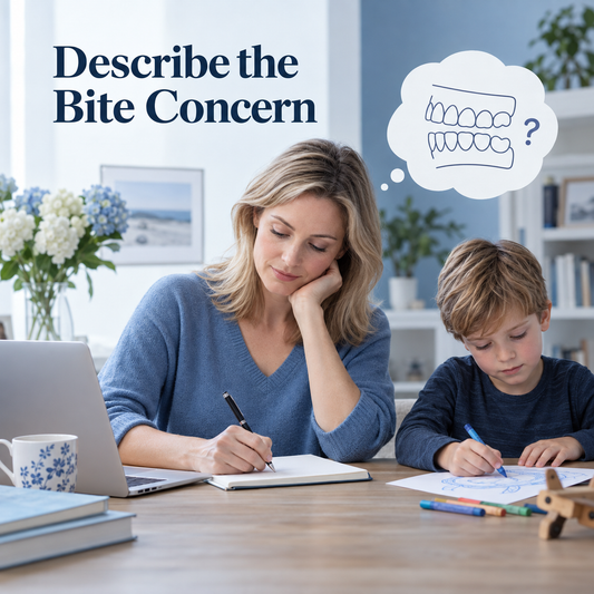 A parent prepares questions about a child’s bite. Educational illustration.