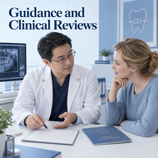 The clinic sets guidance and review arrangements. Educational illustration.
