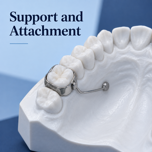 Attachment design and supporting teeth matter. Educational illustration.