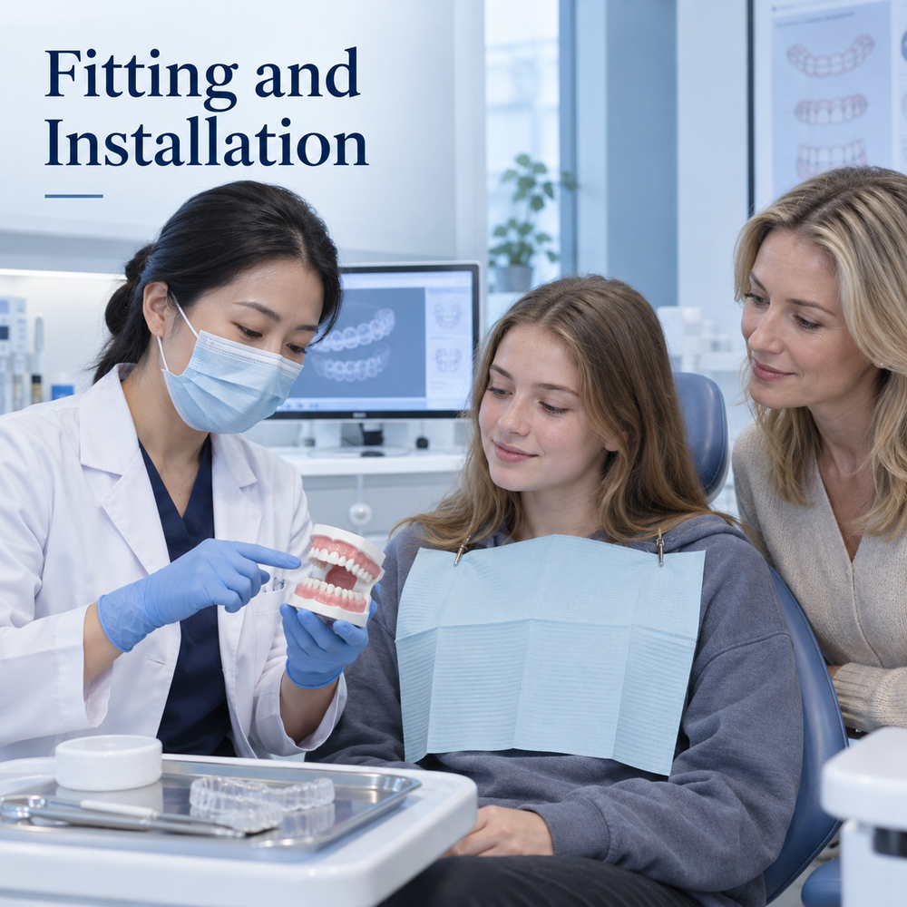 Fitting is supervised by the clinic. Educational illustration.