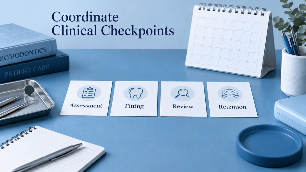 Clinical checkpoints determine the visit plan. Educational illustration.