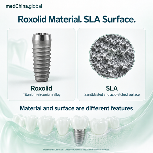Roxolid SLA material-surface: educational treatment illustration; exact components require clinical confirmation.