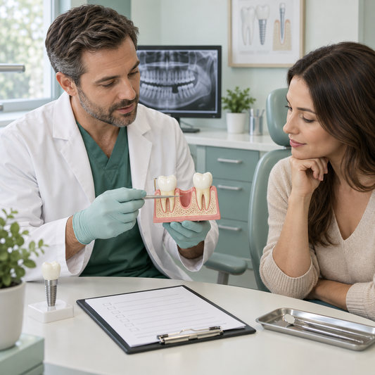 Illustrative dental implant coordination: assessment. Not an actual patient or staff photograph.