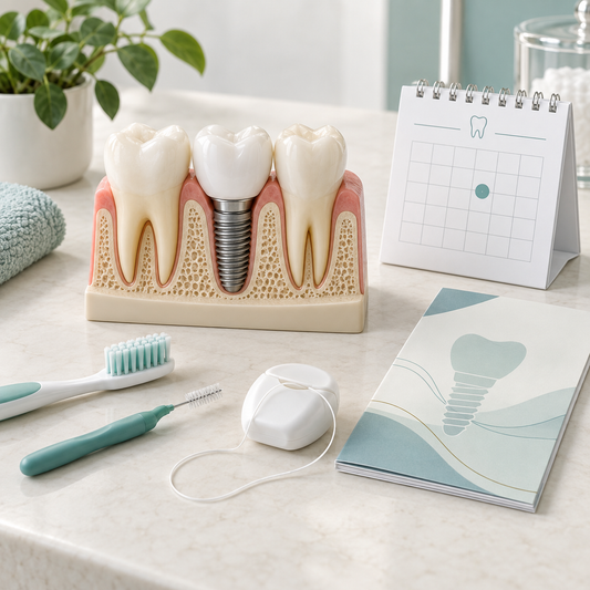 Illustrative implant restoration model with cleaning tools, component booklet and follow-up calendar.