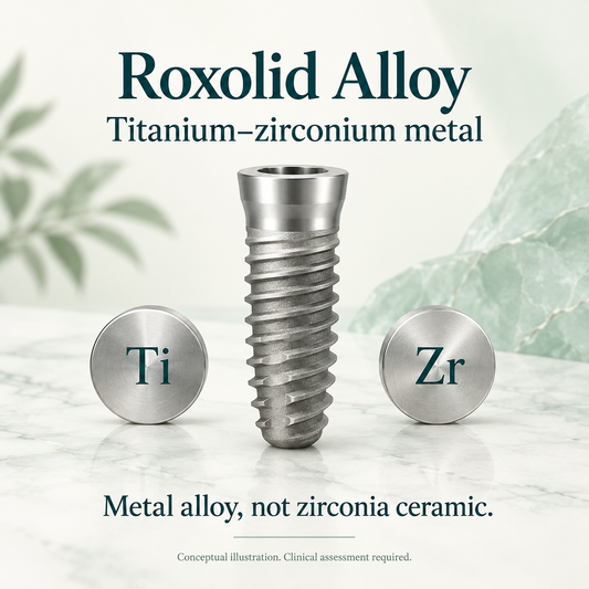 Roxolid SLA alloy conceptual educational illustration; exact device and clinical suitability require confirmation.