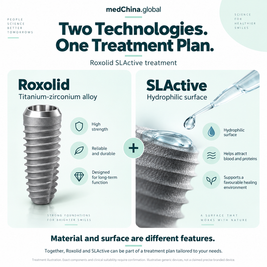 Roxolid SLActive treatment: material-surface. Educational illustration; exact components and clinical suitability require confirmation.