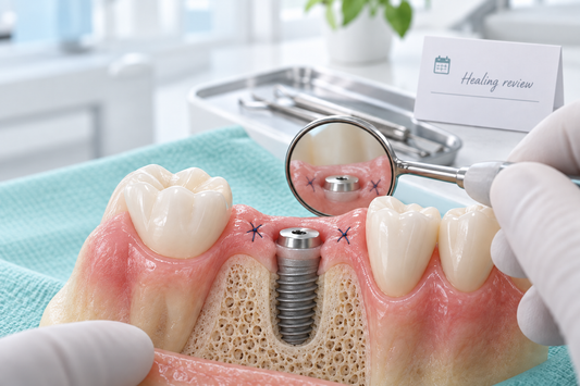Treatment-period healing review with healing cap and dental mirror. Educational illustration.