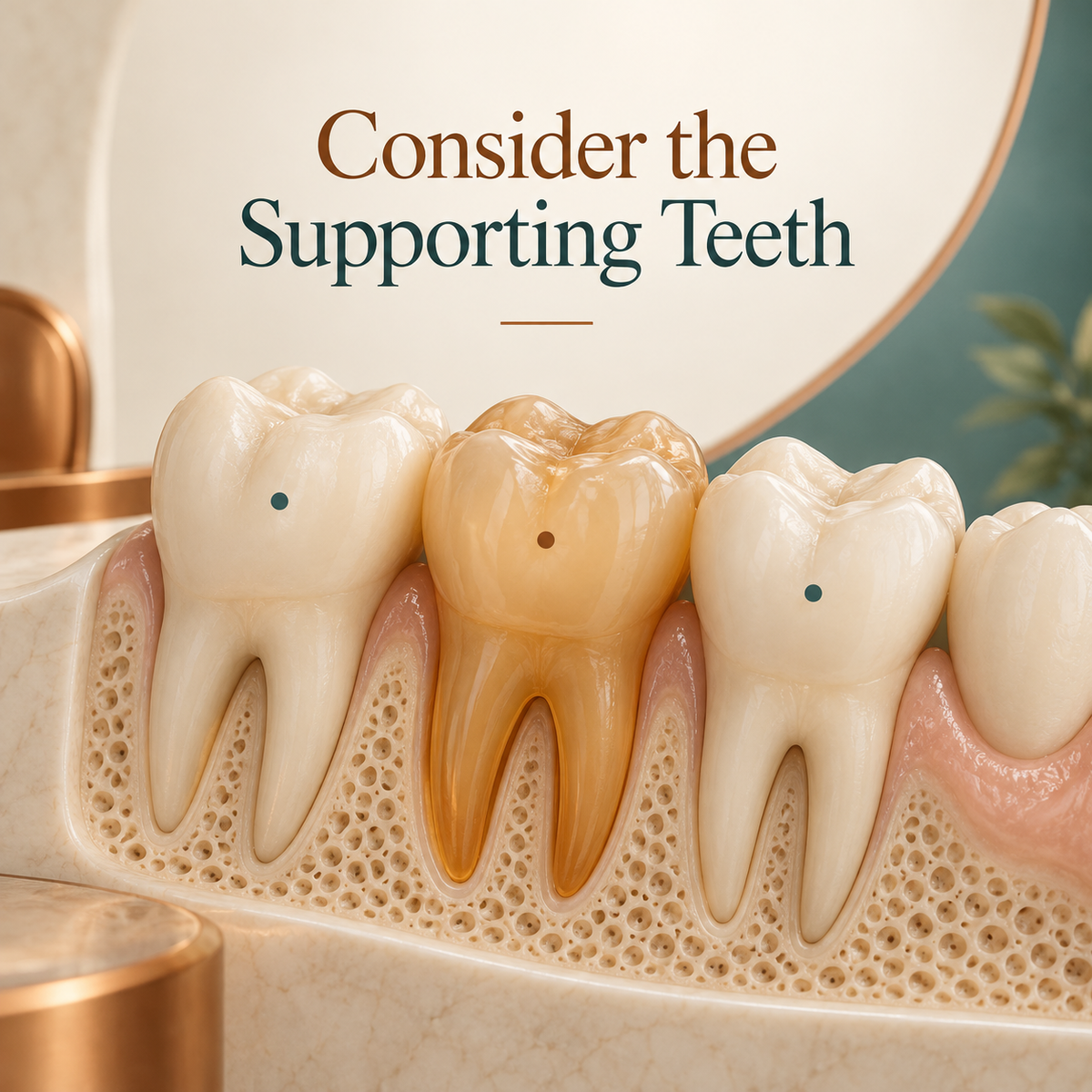 The supporting teeth and gums are assessed. Educational illustration.