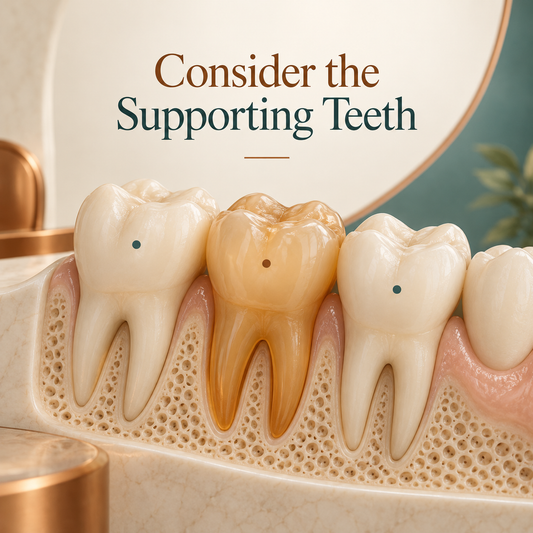 The supporting teeth and gums are assessed. Educational illustration.