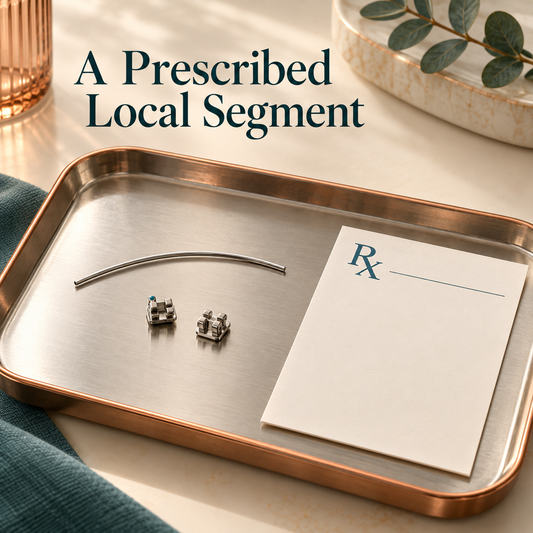 The appliance uses a clinician-prescribed wire segment. Educational illustration.