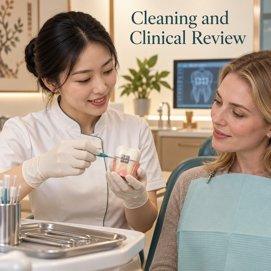 A clinician teaches cleaning around a local attachment. Educational illustration.