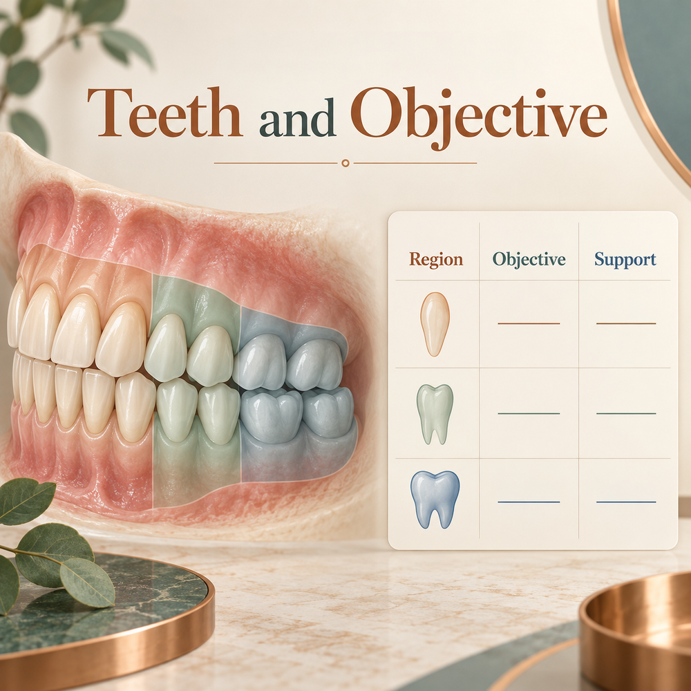 The intended teeth and objective are written down. Educational illustration.