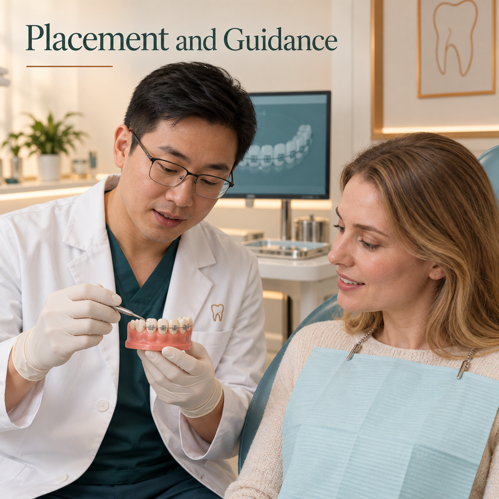 The patient receives fitting and care guidance. Educational illustration.