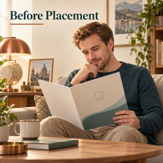 The patient reviews the local plan before placement. Educational illustration.