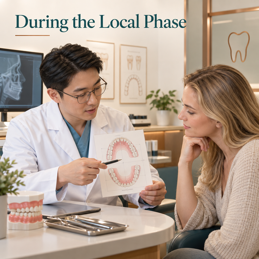 The clinician reviews the local phase. Educational illustration.