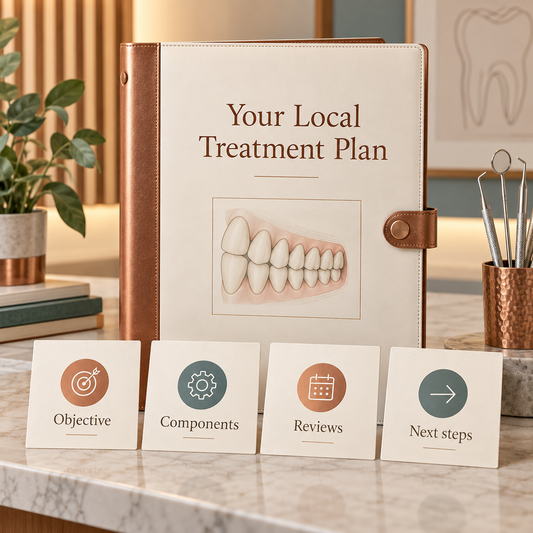 The written local plan records objective and care scope. Educational illustration.