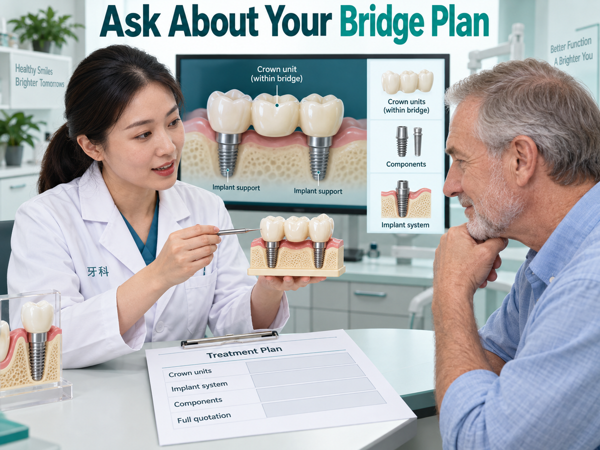 A Chinese dentist explains crown-unit count and separate supporting components. Educational illustration.