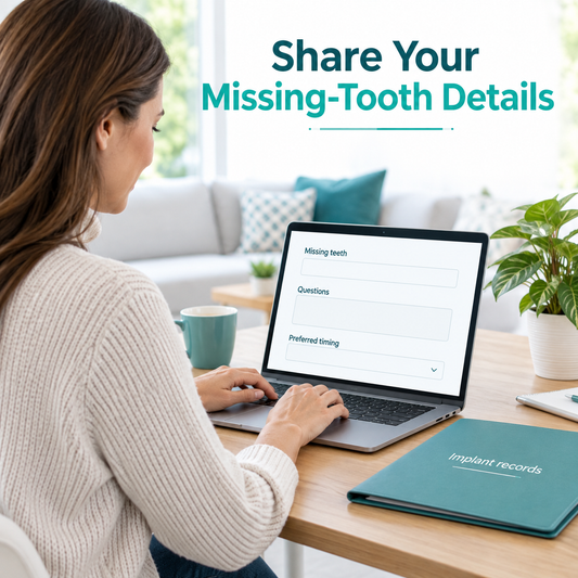 The patient shares missing tooth positions and existing implant records. Educational illustration.