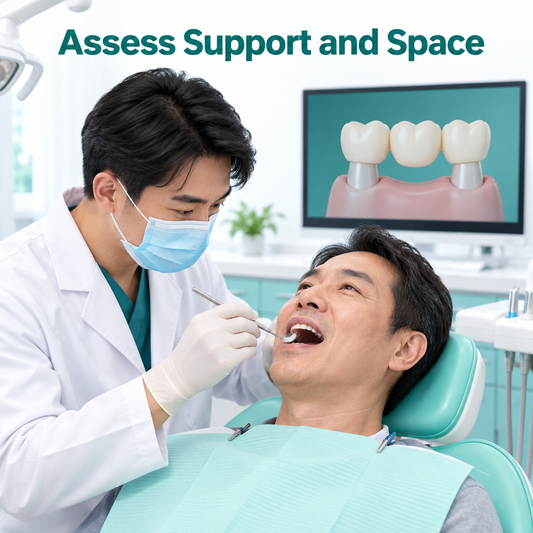 The clinician assesses implant support and restorative space. Educational illustration.