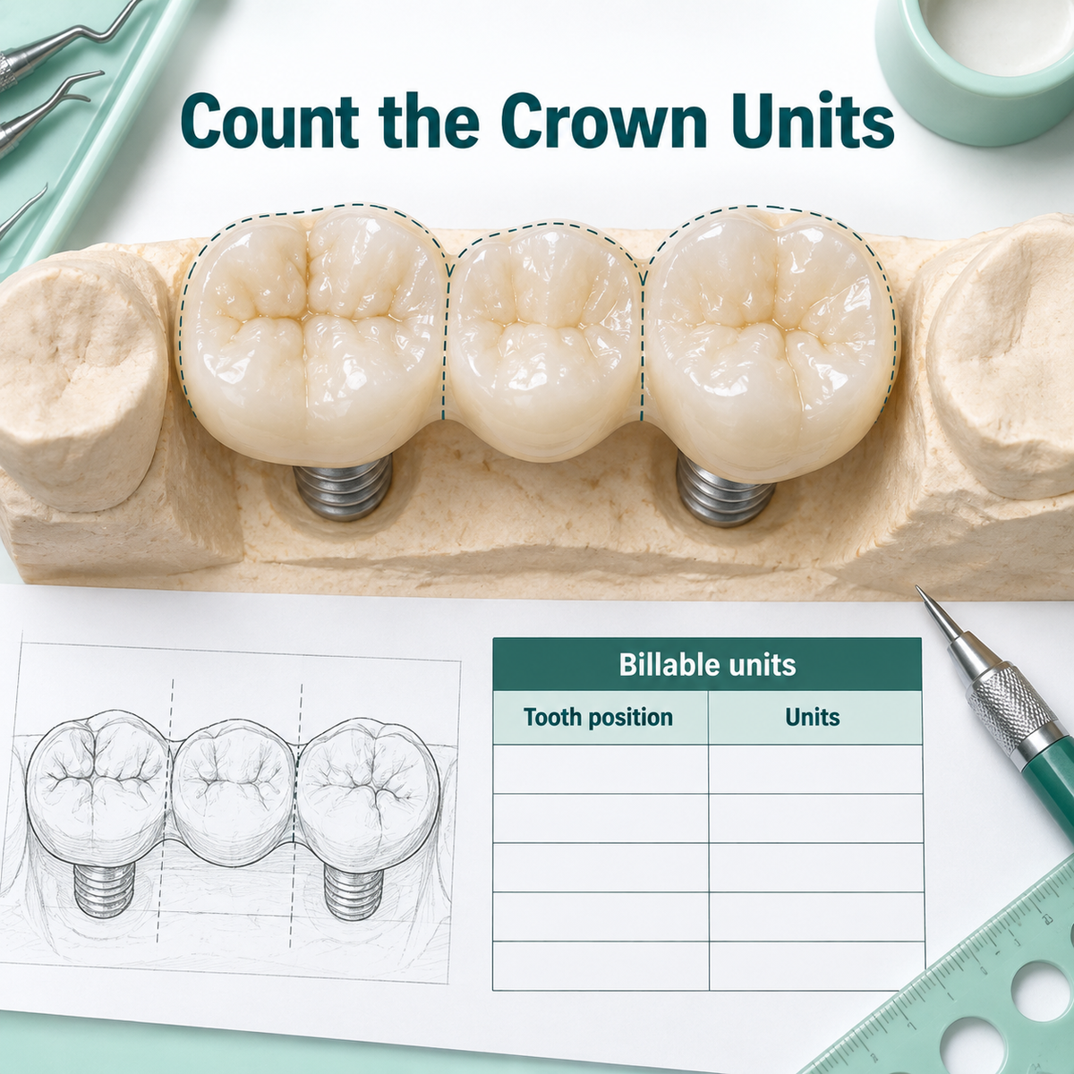Individual tooth positions are counted within the planned connected bridge. Educational illustration.