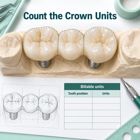 Individual tooth positions are counted within the planned connected bridge. Educational illustration.