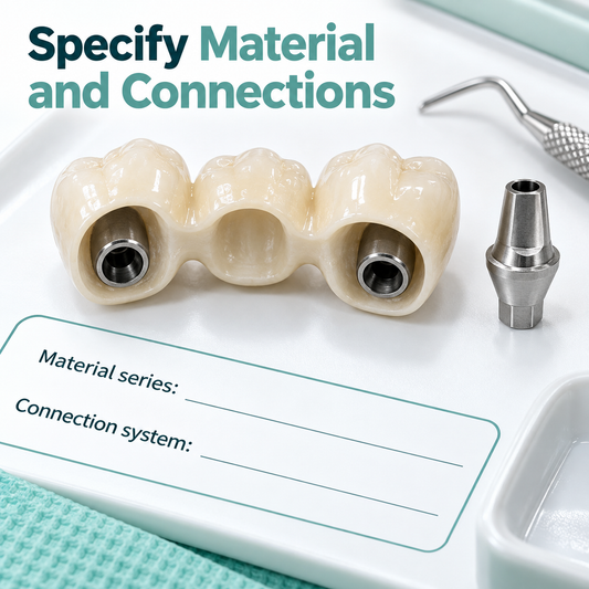Material and connection details belong on the laboratory prescription. Educational illustration.